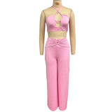 MQTIME  -  Women 2 Piece Set Summer Clothes Fashion Solid Sleeveless Halter Neck Lace Up Backless High Waist Top Loose Pants Sets