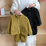 MQTIME  -   Kids Fleece Warm Sets Winter Plus Velvet Outfits Autumn Long Sleeved Pullover Tops+Pants 2Pcs Children Casual Clothing Suits