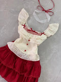 MQTIME  -  Summer Sweet Patchwork Two Piece Set Women Ruffle Lace Tops + Red Pleated Mini Skirt Suit Korea Kawaii Design Bow Cute Outfits