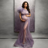 MQTIME  -  ﻿ Maternity Photoshoot Dress Perspective Mesh Single Shoulder - Summer Dress Adjustable Pregnancy Photo Session Props Floral Dress