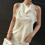 MQTIME  -  Elegant Neck-Mounted Lace Splicing Skirt Set Women Loose Backless Sexy Top Slim Short Skirt Summer Banquet Fashion Suit