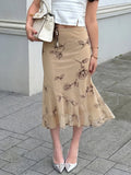 MQTIME  -  Temperament Flower Print Irregular Design Gauze Patchwork Mid-length Skirt