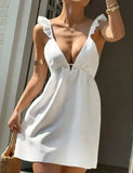 MQTIME  -  Women's Deep V-Neck Sleeveless Sexy Dresses Temperament Summer New Style Women Fashion Pleated Backless Dress