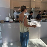MQTIME  -  Solid Lace Patchwork Sling Tops Lady Casual Sleeveless V Neck Chic Loose Backless Short Vest Summer Vacation Street Wear