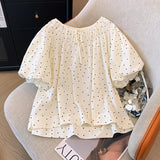 MQTIME  -  French bubble sleeved beige polka dot shirt for women's 2024 summer new retro loose tie round neck short sleeved top