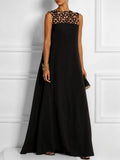 MQTIME  -  Women Fashion Hollow Solid Color Round-Neck Evening Dresses 2024 New Summer Sleeveless Loose V Back Casual Black Dress