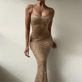 Mqtime Elegant Sequin Female Maxi Dress Fashion Glitter High Waist Bodycon Sexy Diamond Backless Spaghetti Strap Birthday Night Club Ou