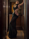 MQTIME  -  Backless Cross Bandage Maxi Dress Women Hollow Stand-Up Collar Appliques Sleeveless Sexy Hottie Midnight Vestidos