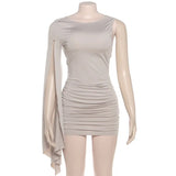 ﻿ MQTIME  -  Ruched Bodycon Mini Dress One Shoulder Slit Flare Long Sleeve Draped Backless Slim Party Clubwear Women Elegant Sexy Vestidos