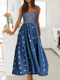 MQTIME  -  Strap Long Dress Summer Wrapped Embroidery Dress A-line Sunflower Design Ruffled Midi Length Vestidos Boho Robes