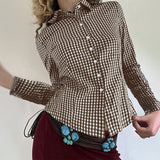 MQTIME  -  Spring New Design Color Contrasting Versatile Fine Grid Cotton Collar Long Sleeve Shirt for Women