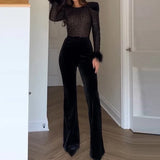 MQTIME  -  Women Patchwork Velvet Slim Party Rompers 2025 Long Sleeve Feather Combination Luxury Lattice High Waist Wide Leg Long Jumpsuit