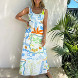 MQTIME  -  Summer Elegant Lady Pattern Print Square Collar Party Dress Women 2025 Vacation Dress Design New Hollow Waist Women Beach Dress