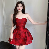 MQTIME  -  Chinese New Year Red Print Design Sensual Puffy Dr Sexy mid Waist ort Skirt without Sve One oulder A-Line Dr