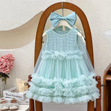 MQTIME  -  Girls' Mesh Dress New Princess Puffy Gown Kids Birthday Party Sleevless Tulle Vestidos Children Fashion Lace Clothing 2-10Y