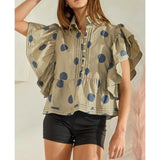 MQTIME  -  Women Button Pleated Lapel Collared Shirt Y2k Polkadot Print Short Flutter Sleeve Crop Top Ruffle Hem Babydoll Blouse