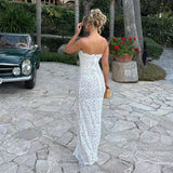 MQTIME  -  Sexy Strapless Off Shoulder High Waist Dress Elegant Lace Sleeveless Banquet Dress Temperament Slim Backless Hug The Hips Dress