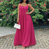 MQTIME  -  Women's Summer Sleeveless Straps Boho Dress Sexy Strapless 3D Flower Loose Maxi Dress Spring Hollow Loose A-Line Long Dress