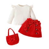 MQTIME  -  2025 Spring New Girls Clothing Set  Ruffle Sleeve Blouse And Red Skirt +Bow Bag  3 Pcs Girls Dress Suit