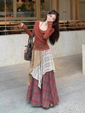 MQTIME  -  Vintage Autumn Bohemian Two Piece Sets Women's Red Elegant Long Sleeve Halter Pleated Tops And Plaid Patchwork A-line Long Skirt