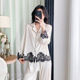  MQTIME  -  Elegant Fashion Lace Splicing Women's Pajamas New Loose Lapel Single Breasted Long Sleeve Tops Pants Temperament Female 2Pcs Set