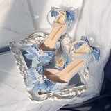 MQTIME  -  Women's Pointed Toe Stiletto Heels Silver Blue Glitter Lolita Shoes Handmade Lace Bow Party Dress Pumps