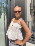 MQTIME  -  Women Fashion White Hollow Out Sling Top Sexy Tie Straps Button Front Peplum Hem Vest Summer Y2k Street Holiday Shirts