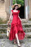 MQTIME  -  Summer Red Embroidery Eyelet Maxi Dress Women Square Neck Ruffle High Low Hem Long Dress Elegant Beach Vacation Sundress