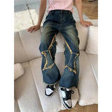 Mqtime Vintage Frayed Star Y2K Splicing Casual Jeans Women  Winter New High Waist Distressed Washed Loose Denim Wide Leg Pants