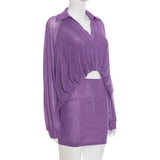  MQTIME  -  See Through Mesh 2 Piece Set Women Turn Down Collar Long Sleeve Asymmetrical Bubble Shirt Crop Tops + Bodycon Mini Skirts Suits