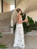  MQTIME  -  Elegant Elegant Butterfly Print  Sleeveless Long Dress Women Halter Backless Lace Up Slim A-line Dresses New Lady Party Robes