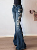 MQTIME  -  Chic Rose Embroidered Gradient Slightly Flared jeans for Women Slim Low Rise Dragging Denim Pants Casual Elegant Fashion Trouser