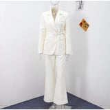 MQTIME  -  Blazer Suit Trouser Sets Women Solid Lace Up Turn-down Collar Coat High Waist Wide Leg Pant Suits Female 2025 Office Lady Outfit