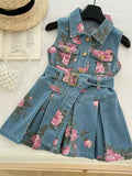 MQTIME  -  Girls Summer Denim Dress – Floral Print Collar & Belted A-Line Skirt, Korean Style Kids Fashion Princess Dress for Girls