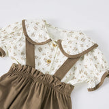 MQTIME  -  Summer baby girls short-sleeved suspenders suit lapel full print floral short-sleeved top + suspenders shorts 2-piece set