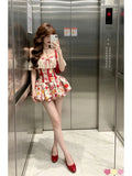 MQTIME  -  French Floral Print Two Piece Set Off Shoulder Lace Ruffle Bow Slim Fit Crop Top Bubble Mini Skirt Women Sexy Summer Party Wear