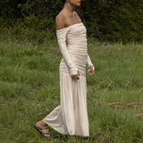 MQTIME  -  Female Backless Hollow Mesh Maxi Dress Spring Summer Holiday Boho Long Dress Women Sexy Off Shoulder Solid Pleated Evening Dress