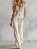 MQTIME  -  Retro Jumpsuit Women Sexy Slim Fit Stripe Print Short Sleeve Deep V-Neck Versatile Casual Wear Summer Fashion Pants