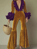 MQTIME  -  Women Elegant Petal Sleeves Ruffles Long Rompers Fashion Color Clashing Slim Playsuits Sexy Deep V-neck Velvet Flared Jumpsuits