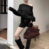 MQTIME  -  Autumn New Women's Knit Two Piece Set Solid Color Loose Long Sleeve Top High Waisted Shorts Chic Outfit