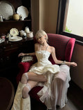 MQTIME  -  French Coquette Princess Elegant Strapless Corset Ruffle Tiered Asymmetrical Train Mini Dress Women White Satin Party Daily Wear