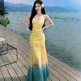 MQTIME  -  Elegant Sexy Gradient Tie Dye Sheer Mesh Spaghetti Strap Bodycon Fishtail Dress Women Ruched Slim Fit Long Dress Vacation Outfit
