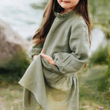  MQTIME  -  Vintage Mori Ruffled Collar Linen Dress Girls Spring And Summer Casual Solid Lantern Sleeve Long Sleeved Dresses Girl Dress