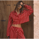 MQTIME  -  Striped Shirts Pants Sets Women 2 Pieces Single Breasted Long Sleeve Lapel Shirt Wide Leg Trousers Suits 2025 Summer Vacation