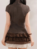  MQTIME  -  Vintage Preppy Stand Neck Short Sleeve Single Breasted Plaid Y2k Women Shirt
