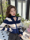 MQTIME  -  Sweet Hot Girl Retro Contrasting Striped V-neck Sweater Women's Autumn Long-sleeved Slim-fit Knitted Pullover Female Clothes