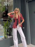  MQTIME  -  Chic Fringed Fitted Shirts Women V Neck Short Sleeves Lace Up Ruffles Blouse Female Summer New Vintage Fashion Tops Lady