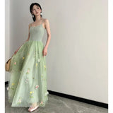 MQTIME  -  French Ballet Sweet Girl Fluffy Long Dress for Women Summer New Vintage Off Shouder Slimming Spliced Mesh Fairy Suspender Dress