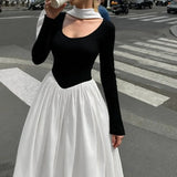 MQTIME  -  Fashion Autumn and Winter New Women's Fashion Contrast Sexy U-neck Long Sleeves Waist Big Swing Dress for Women