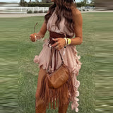 MQTIME  -  Fashion Summer Bohemian Beach Outfit Casual O Neck Sleeveless Top+Skirt Holiday Suit Chiffon Ruffle Irregular Women 2 Piece Set